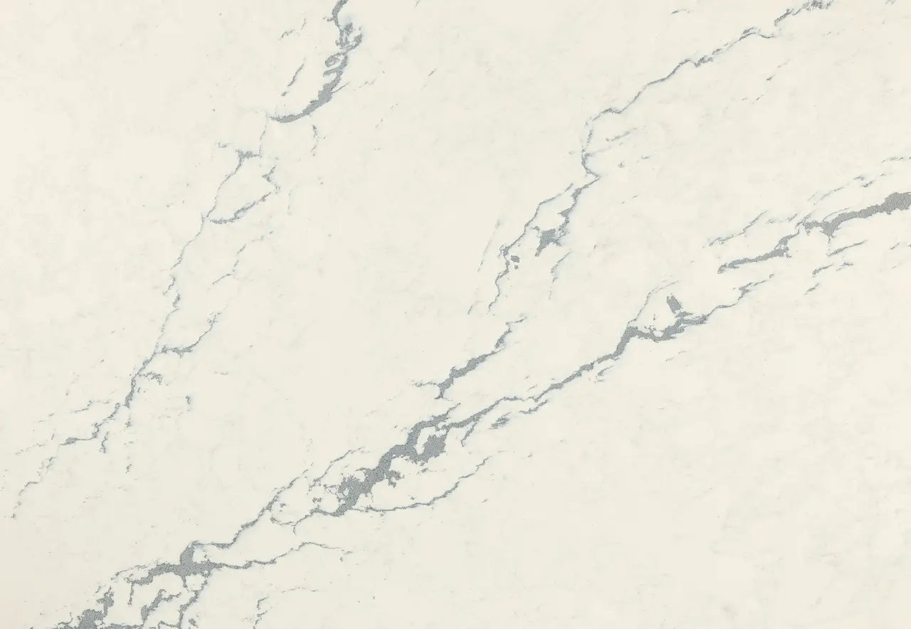 Berkshire Steel Sculpted quartz surface with white base and gray veining — premium countertop fabrication by Signature Stone Las Vegas