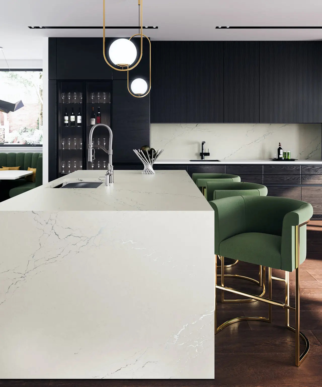 Berkshire Steel Sculpted quartz kitchen island with white marble-look finish and waterfall edge — custom countertops fabricated and installed by Signature St...