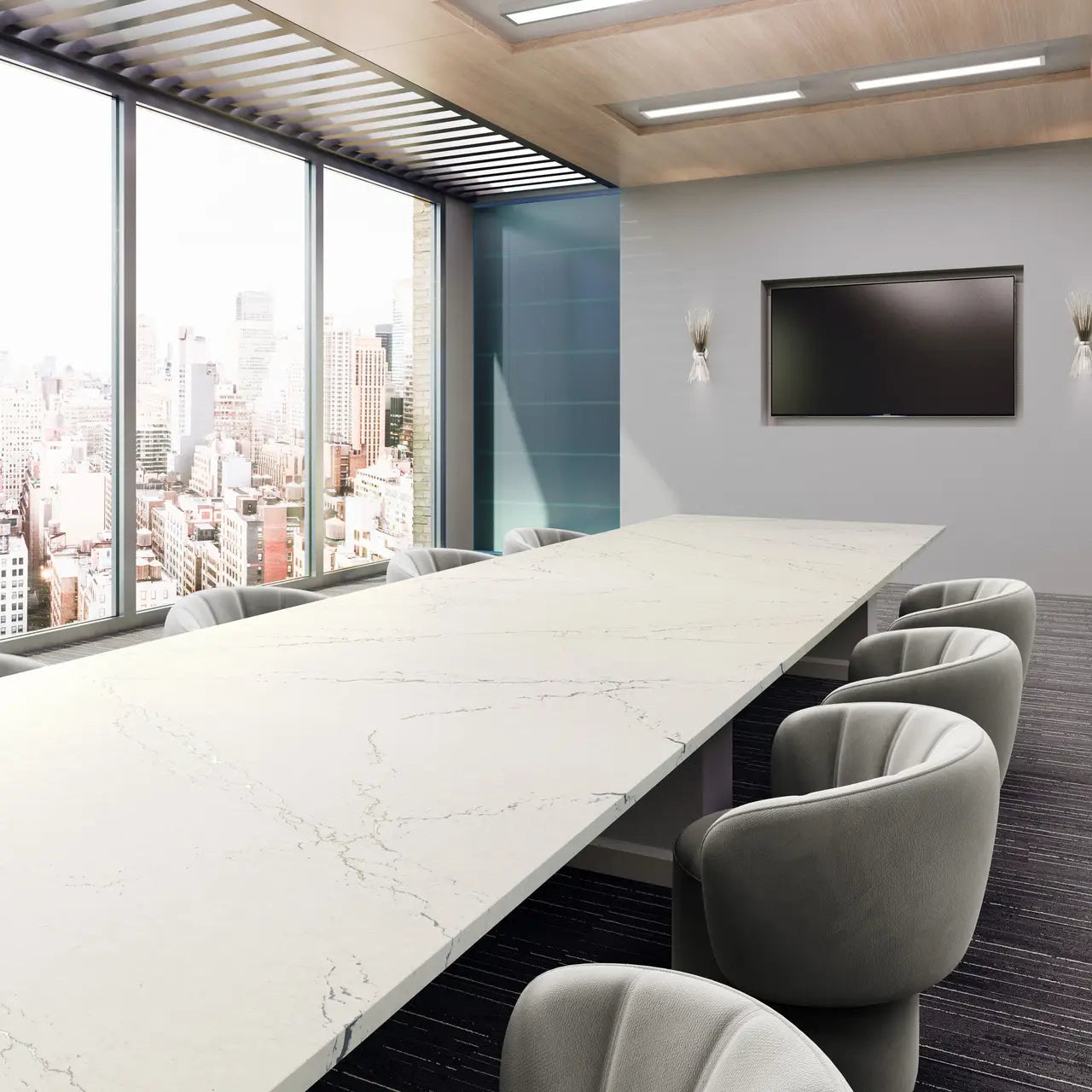 Berkshire Steel Sculpted conference table with white marble-look finish — premium stone countertops installed by Signature Stone Las Vegas