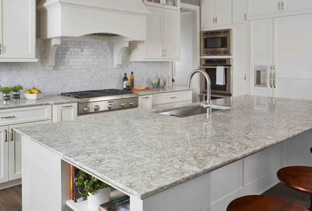 Berwyn quartz kitchen island with light gray veining and polished finish — elegant stone countertops installed by Signature Stone Las Vegas