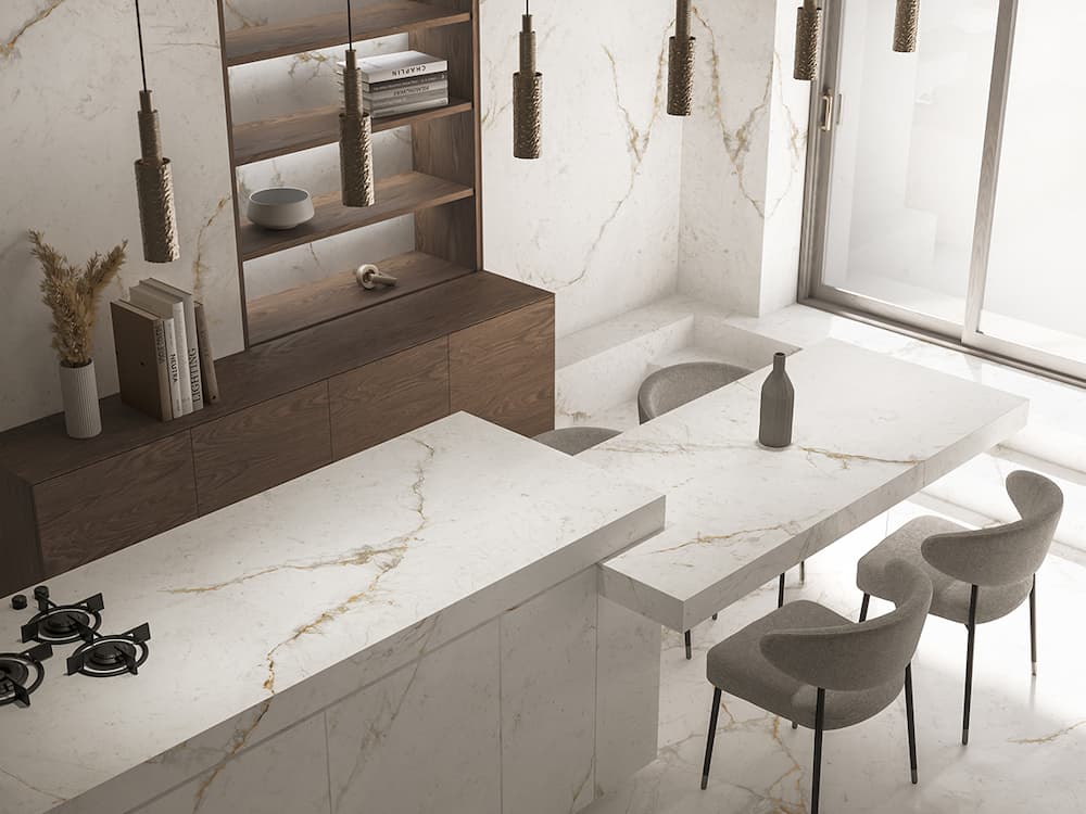 Bianco Arezzo marble kitchen island with white veining and waterfall edge — premium stone countertops installed by Signature Stone Las Vegas