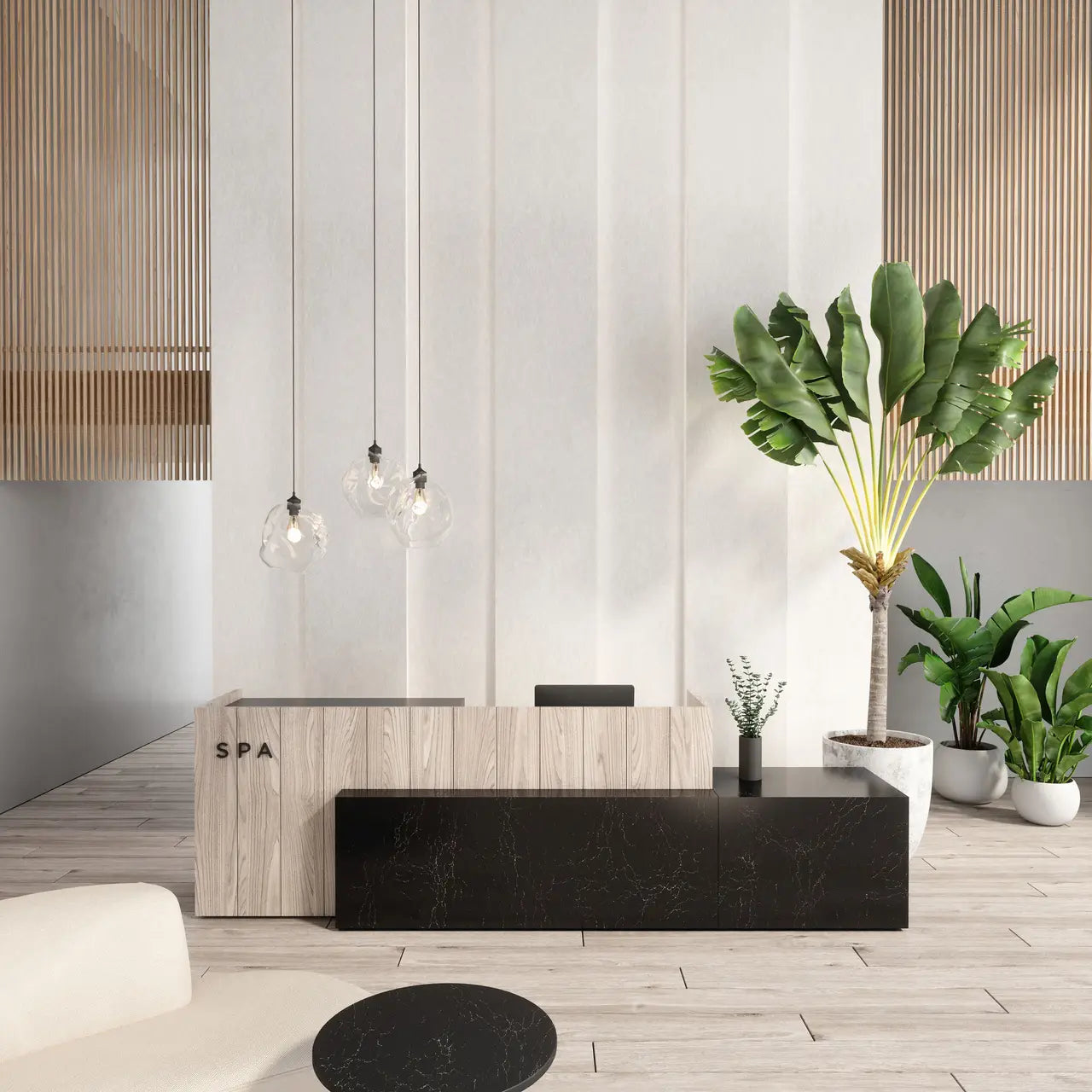 Big Sur Mist quartz reception desk with sleek black marble base and light wood grain finish — expert countertop fabrication by Signature Stone Las Vegas