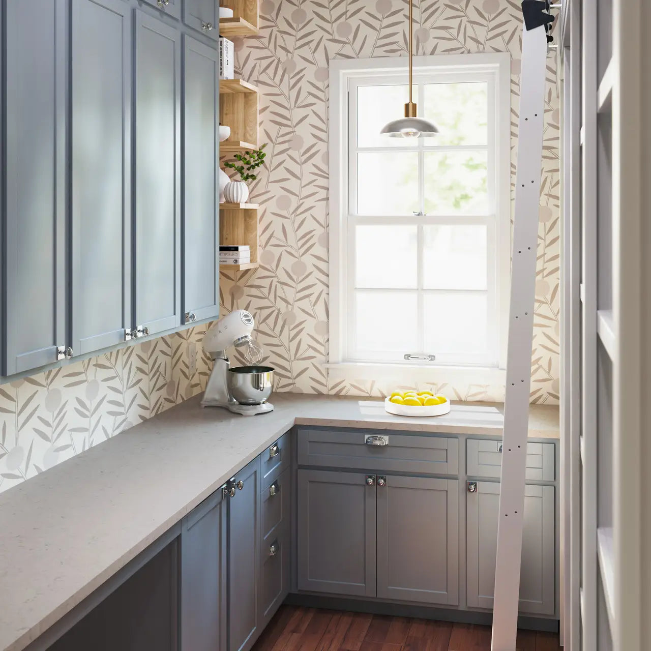 Quartz kitchen countertops with white finish and straight edge in gray cabinetry — premium stone countertops installed by Signature Stone Las Vegas