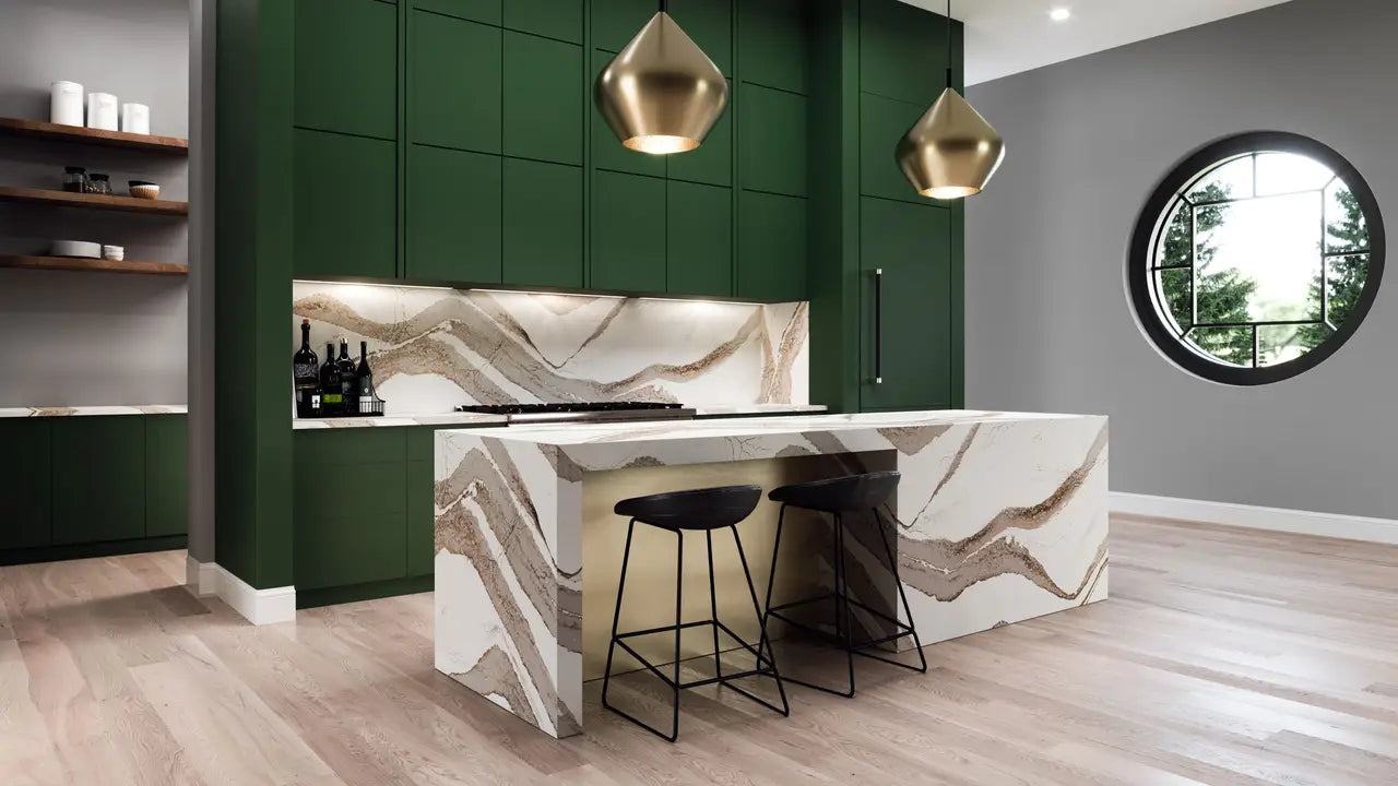 Brittanicca Gold Cool quartz kitchen island with dramatic white and gold veining — expert countertop fabrication by Signature Stone Las Vegas
