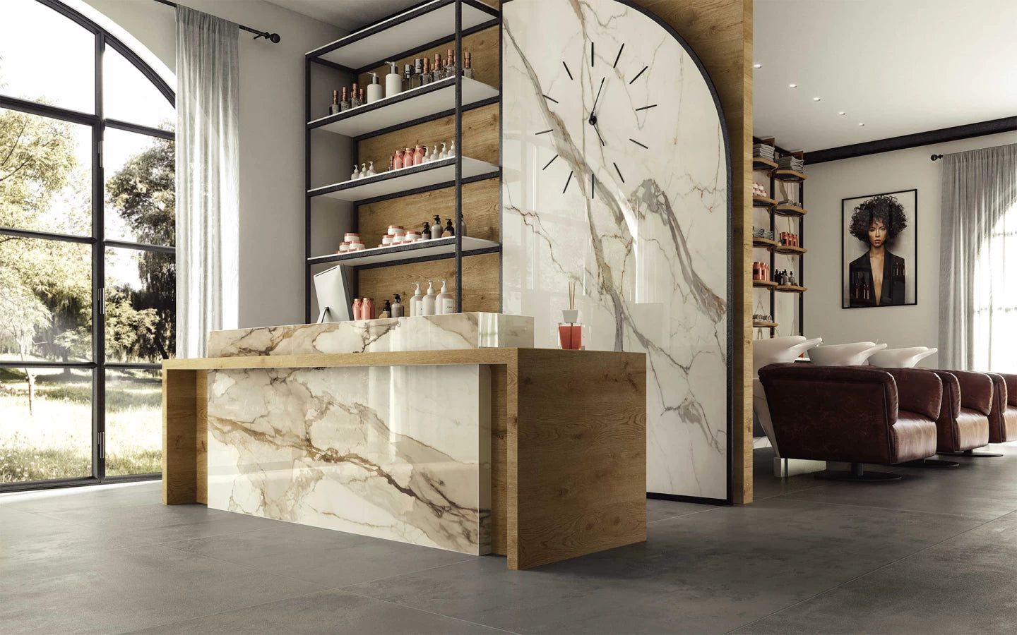 Calacatta Imperiale kitchen island with white marble veining and wood accents — custom countertops fabricated and installed by Signature Stone LV