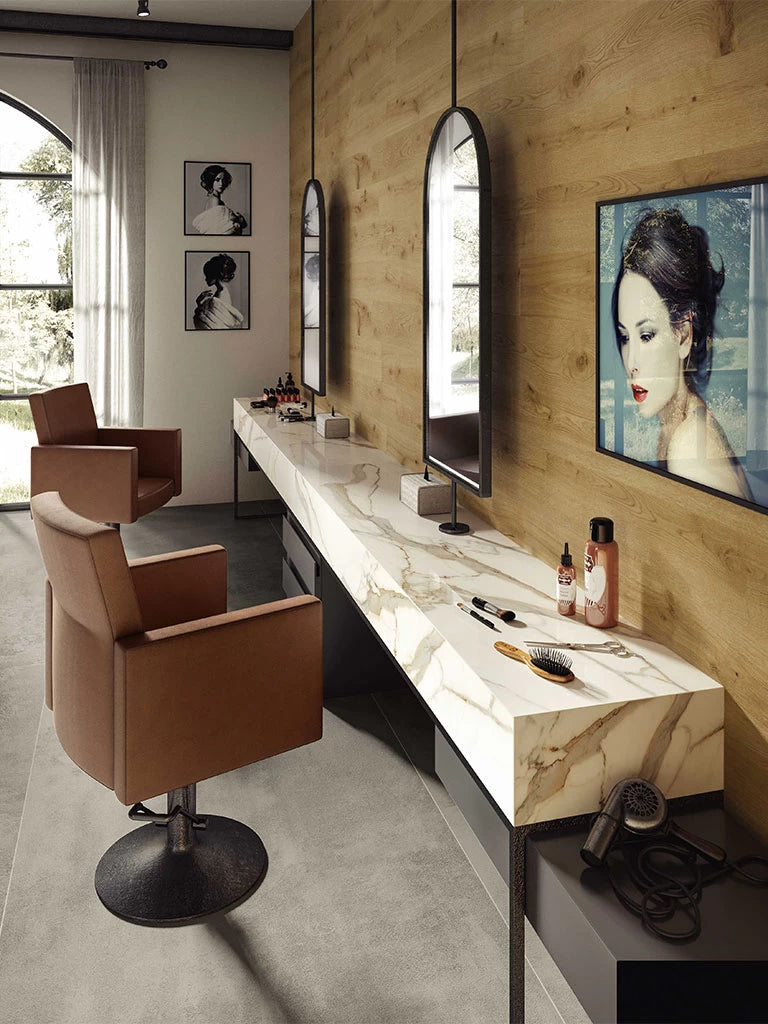 Calacatta Imperiale vanity countertop with white marble and gold veining — custom countertops fabricated and installed by Signature Stone LV