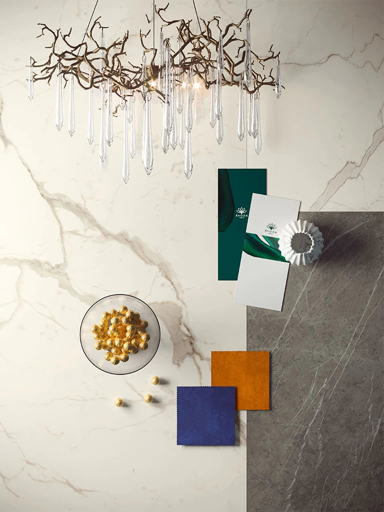 Calacatta Prestigio marble surface with white base and gray veining — luxury stone countertops installed by Signature Stone Las Vegas