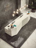 Calacatta Prestigio marble reception desk with white veining and polished finish — luxury stone countertops installed by Signature Stone Las Vegas