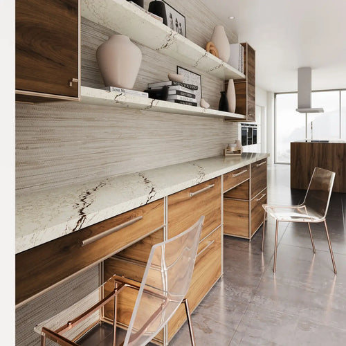 Cashel quartz kitchen countertops with white veining and walnut cabinetry — premium stone countertops installed by Signature Stone Las Vegas