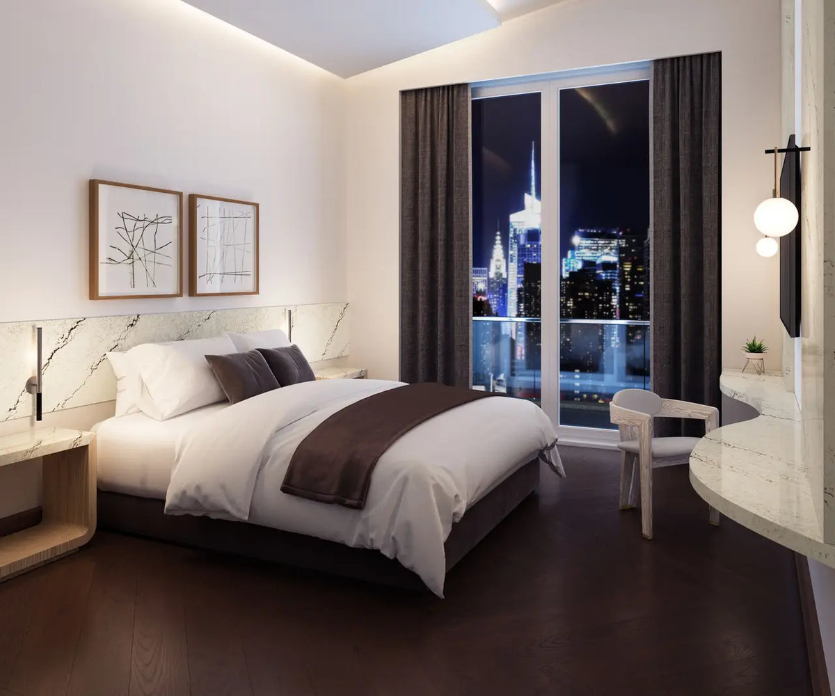 Marble countertop surfaces with white veining and polished finish in modern bedroom — expert countertop fabrication by Signature Stone Las Vegas