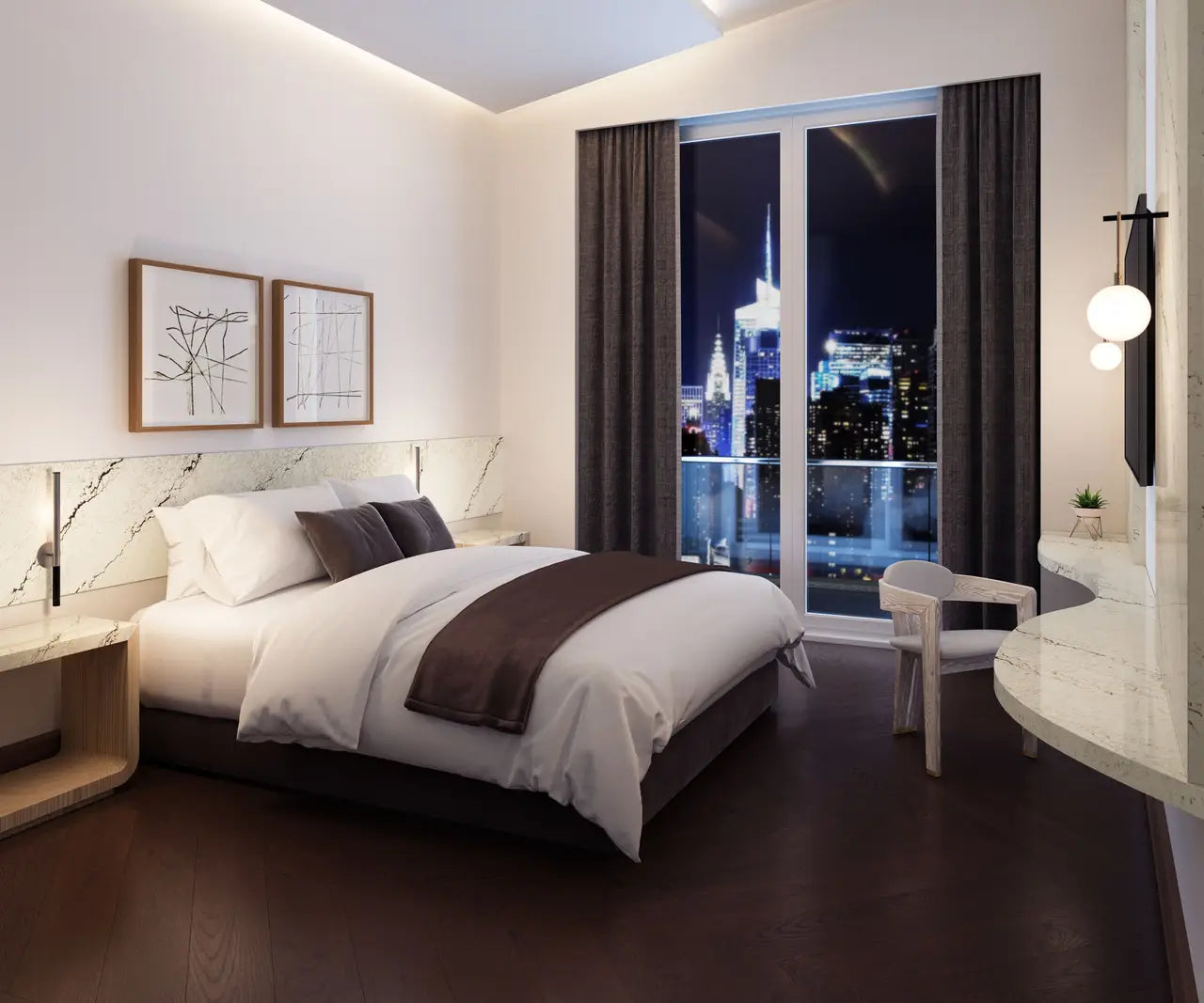 Marble countertop surfaces with white veining and polished finish in modern bedroom — expert countertop fabrication by Signature Stone Las Vegas