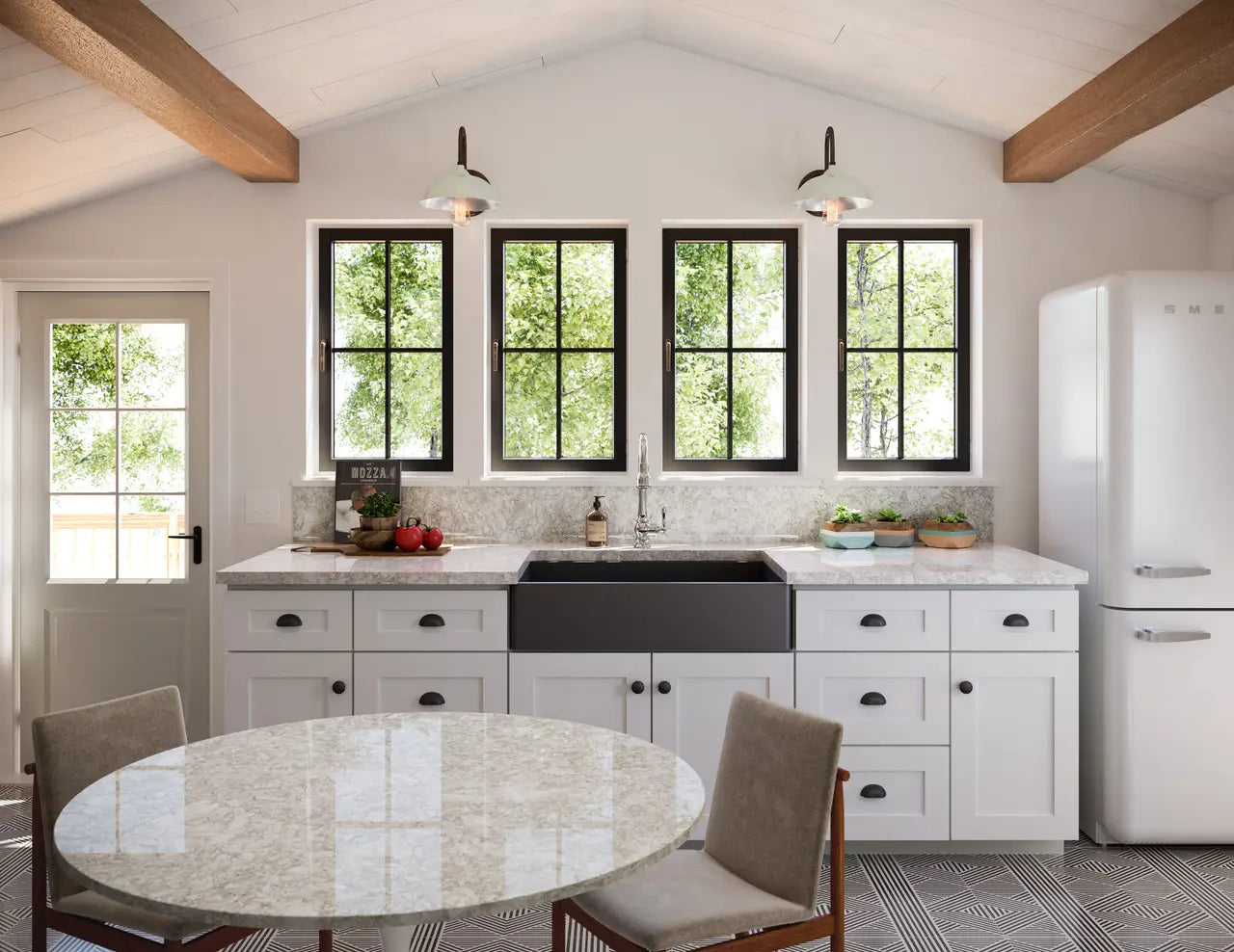 Marble kitchen countertops with white veining and polished finish in modern farmhouse kitchen — elegant stone countertops installed by Signature Stone Las Vegas