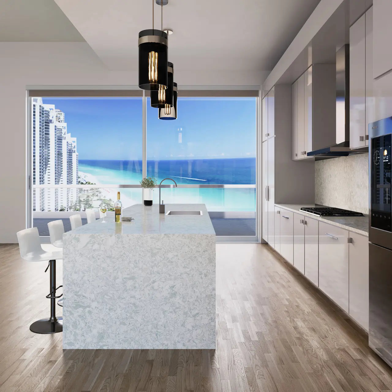 Marble waterfall island with white veining and polished finish in modern kitchen — luxury stone countertops installed by Signature Stone Las Vegas