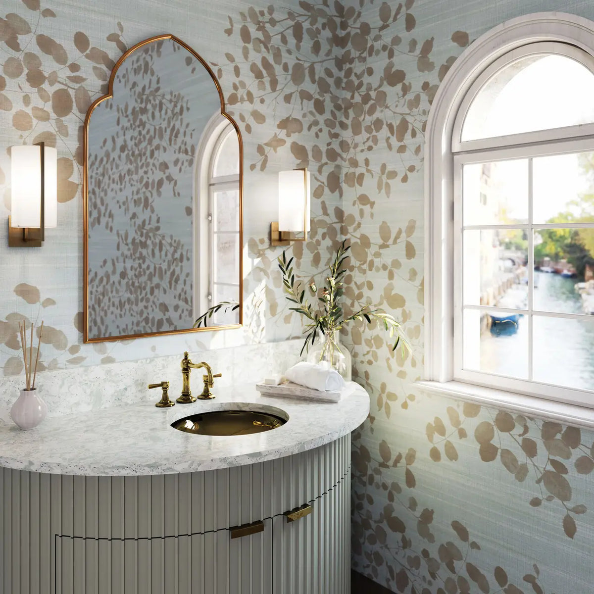Natural stone powder room vanity with white marble surface and curved cabinet — expert countertop fabrication by Signature Stone Las Vegas
