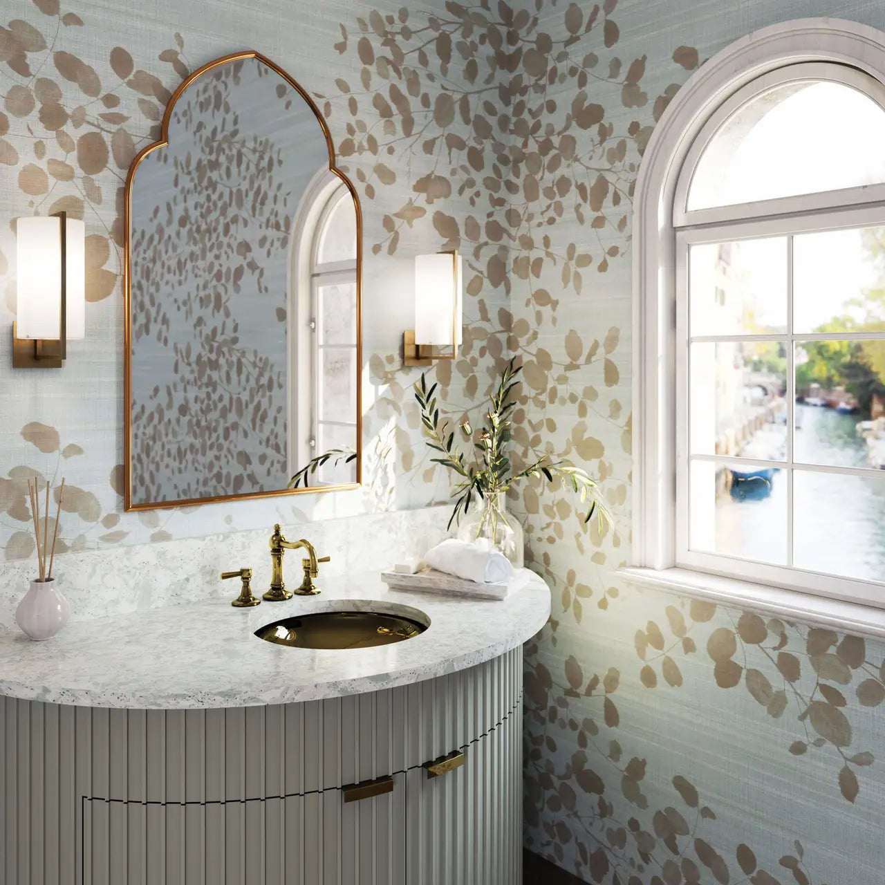 Natural stone powder room vanity with white marble surface and curved cabinet — expert countertop fabrication by Signature Stone Las Vegas