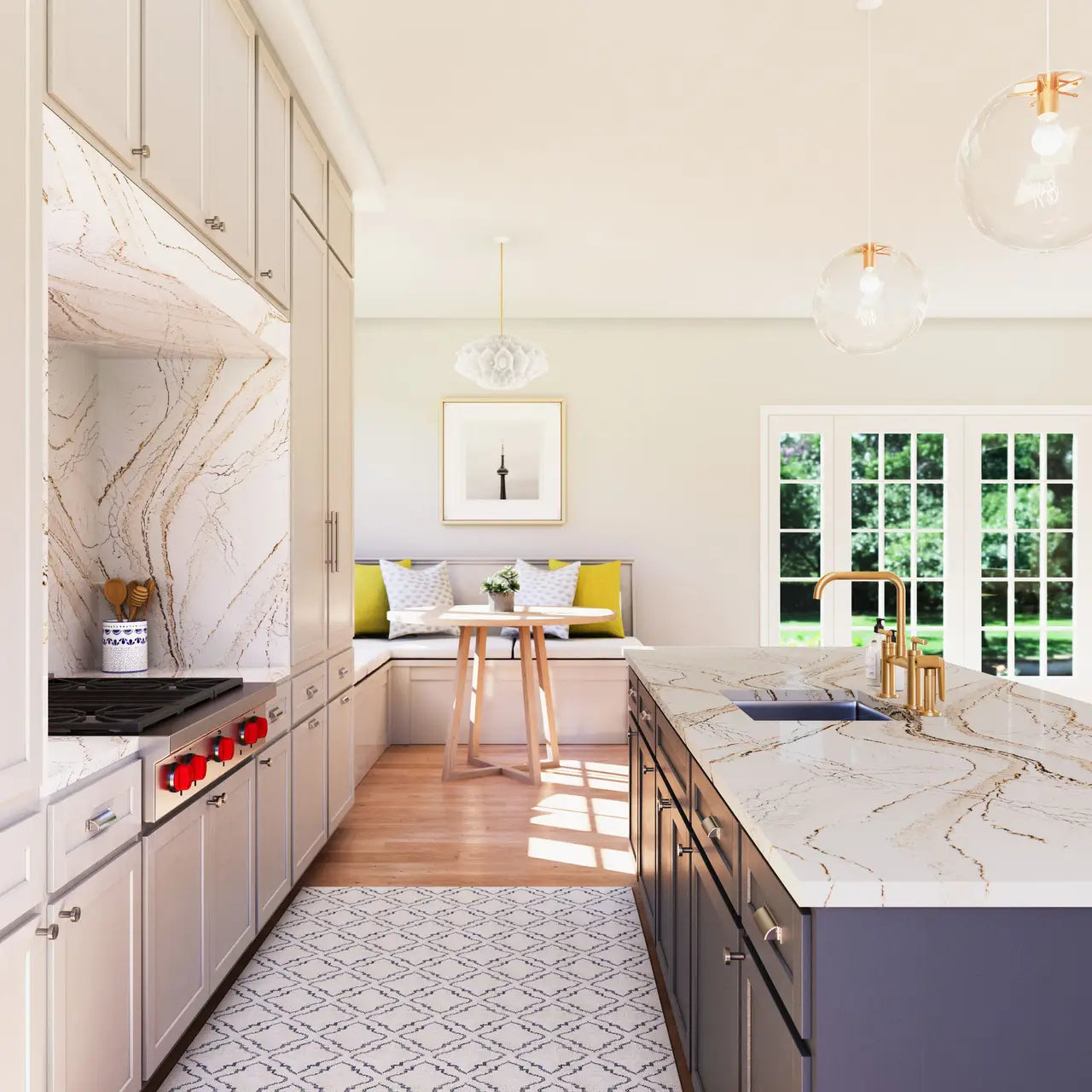 Marble kitchen countertops and island with dramatic white veining and polished finish — expert countertop fabrication by Signature Stone Las Vegas