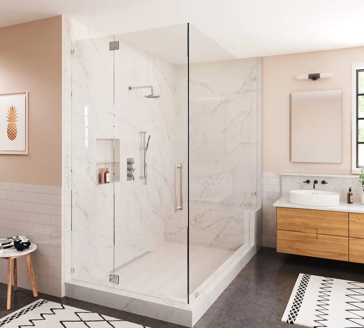 Calacatta quartz bathroom vanity and shower walls with white marble veining and polished finish — custom countertops fabricated and installed by Signature St...