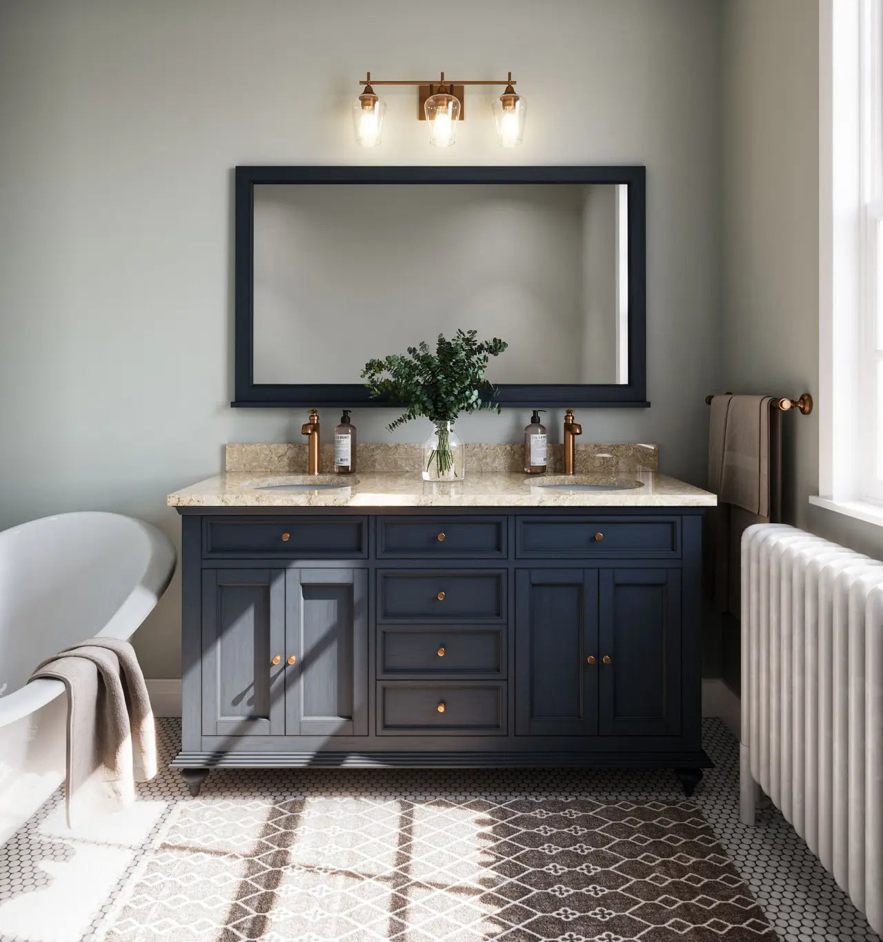 Natural stone bathroom vanity with light marble countertop and navy blue cabinetry — expert countertop fabrication by Signature Stone Las Vegas