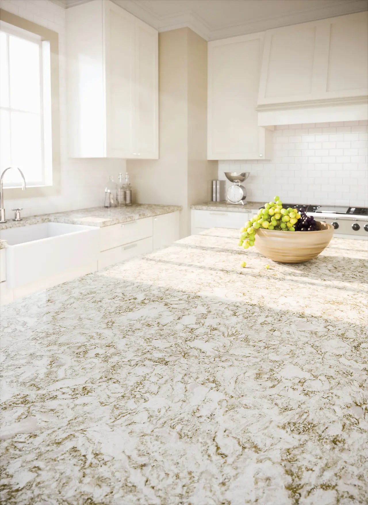 Granite kitchen island with white and gold veining and polished finish — custom countertops fabricated and installed by Signature Stone LV