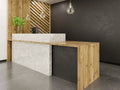 Quartz reception desk with white marbled surface and wood accents — premium stone countertops installed by Signature Stone Las Vegas