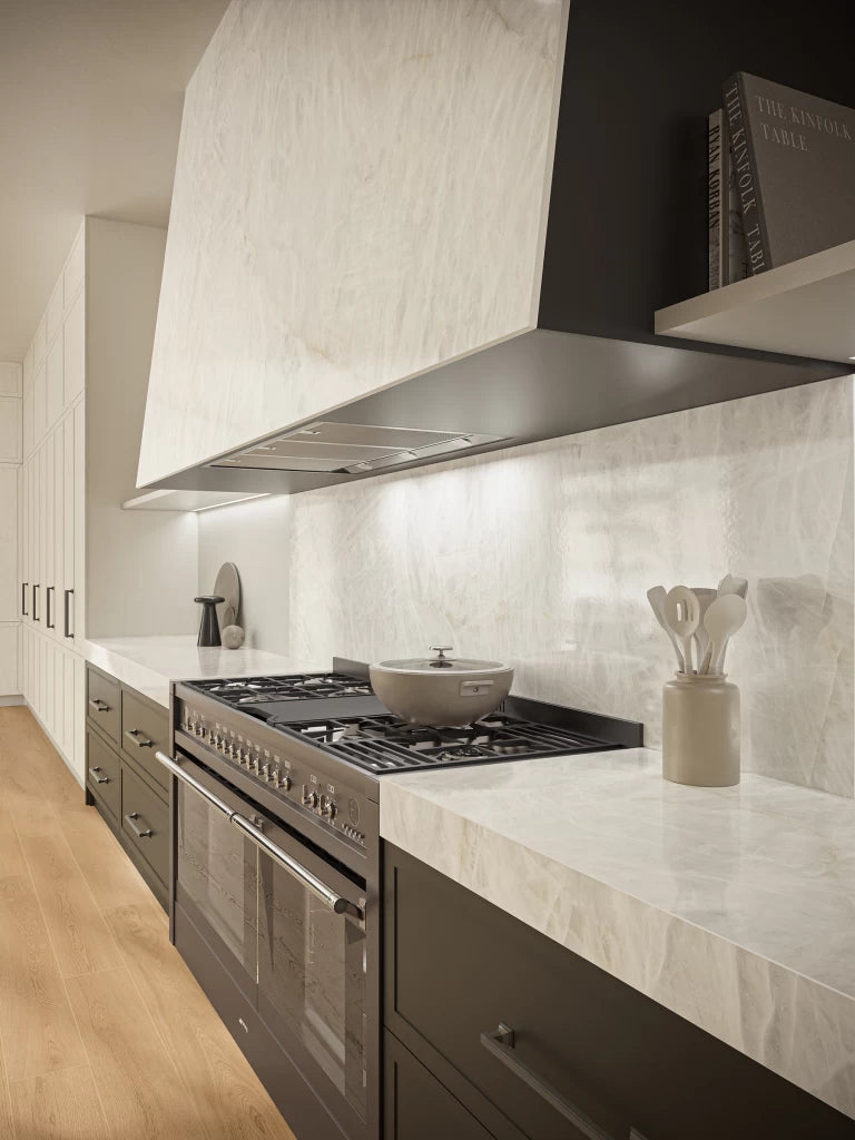 Crystal White quartz kitchen countertops with polished finish and straight edges — beautiful custom countertops fabricated and installed by Signature Stone LV