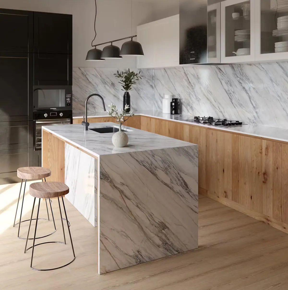 Dekton kitchen island with white marble-look veining and waterfall edge in modern wood cabinet kitchen — dekton countertops installed by Signature Stone Las ...