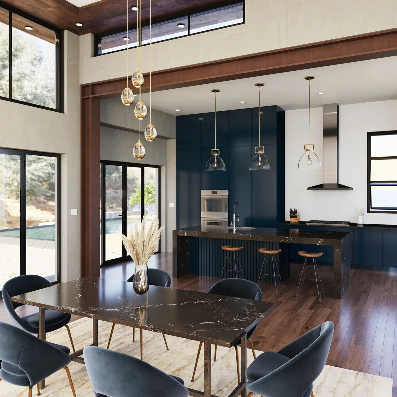 Delamere quartz kitchen island and dining table with dark veined pattern and polished finish — expert countertop fabrication by Signature Stone Las Vegas