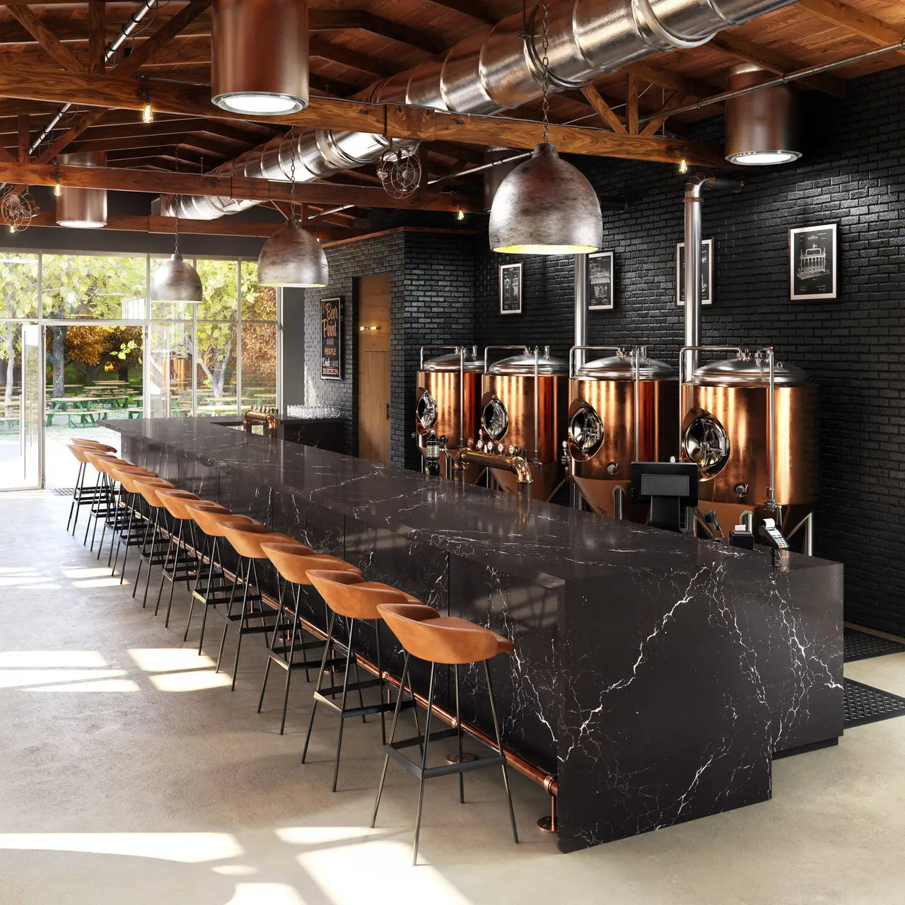 Black marble bar with white veining and waterfall edge — premium stone countertops installed by Signature Stone Las Vegas