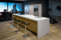 Quartzite waterfall island with white veining and straight edges — premium stone countertops installed by Signature Stone Las Vegas