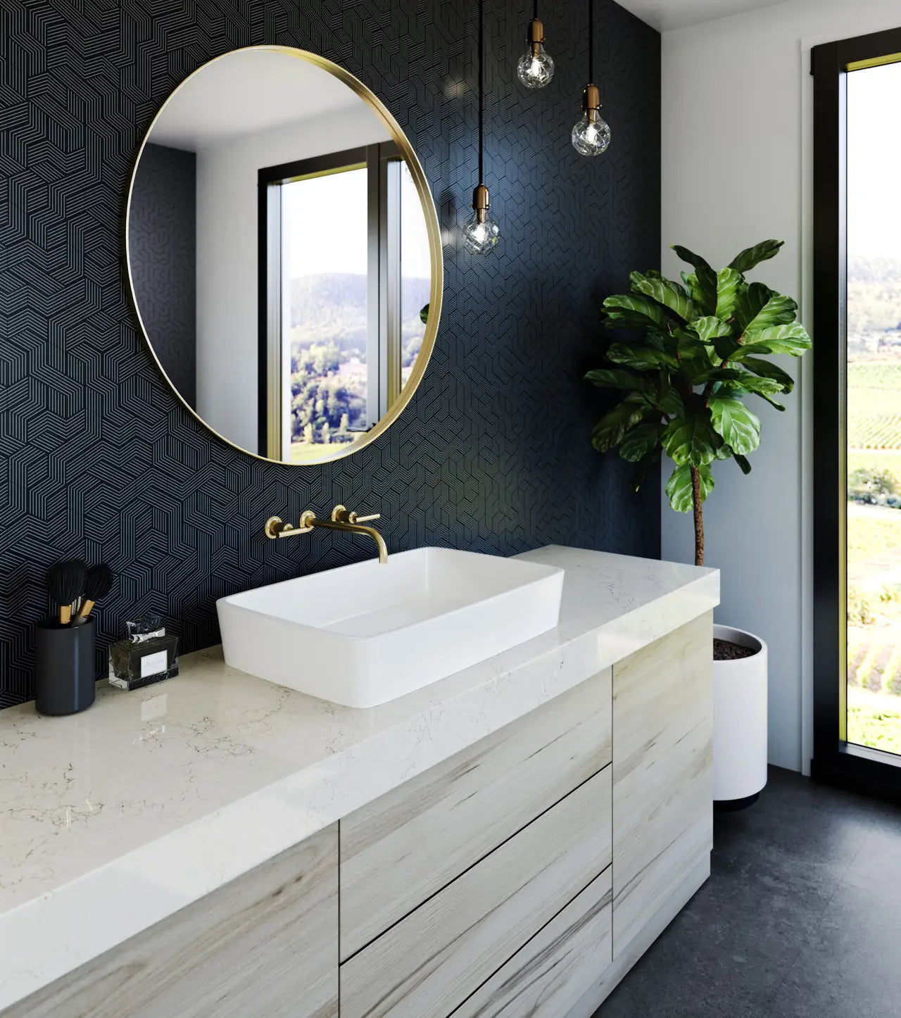 Dovestone bathroom vanity with white marble veining and integrated sink — elegant stone countertops installed by Signature Stone Las Vegas
