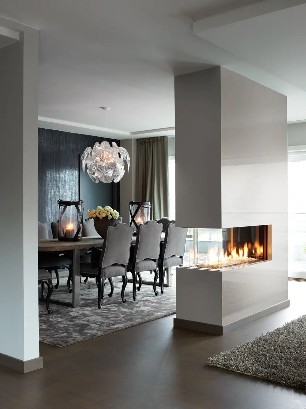 Modern fireplace surround with sleek white finish and clean lines — elegant stone countertops installed by Signature Stone Las Vegas