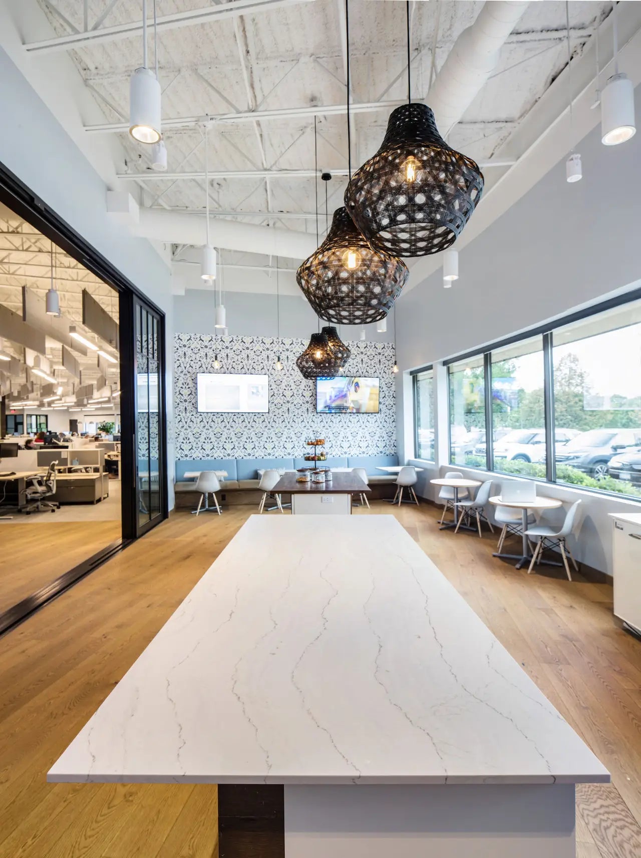 White marble conference table with veined pattern and clean edges — premium stone countertops installed by Signature Stone Las Vegas