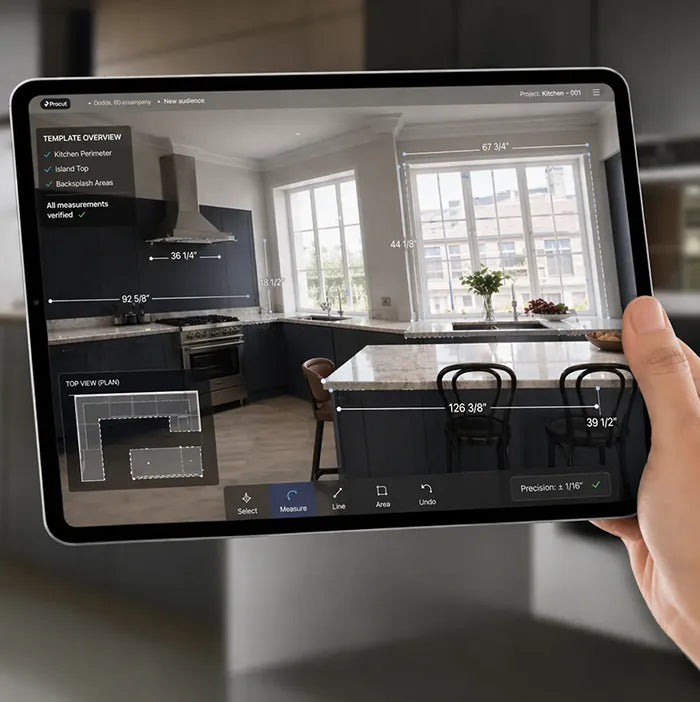 A hand holding a tablet displaying a kitchen measurement app with dimensions overlaying a modern kitchen featuring dark cabinets, a central island, and large windows.