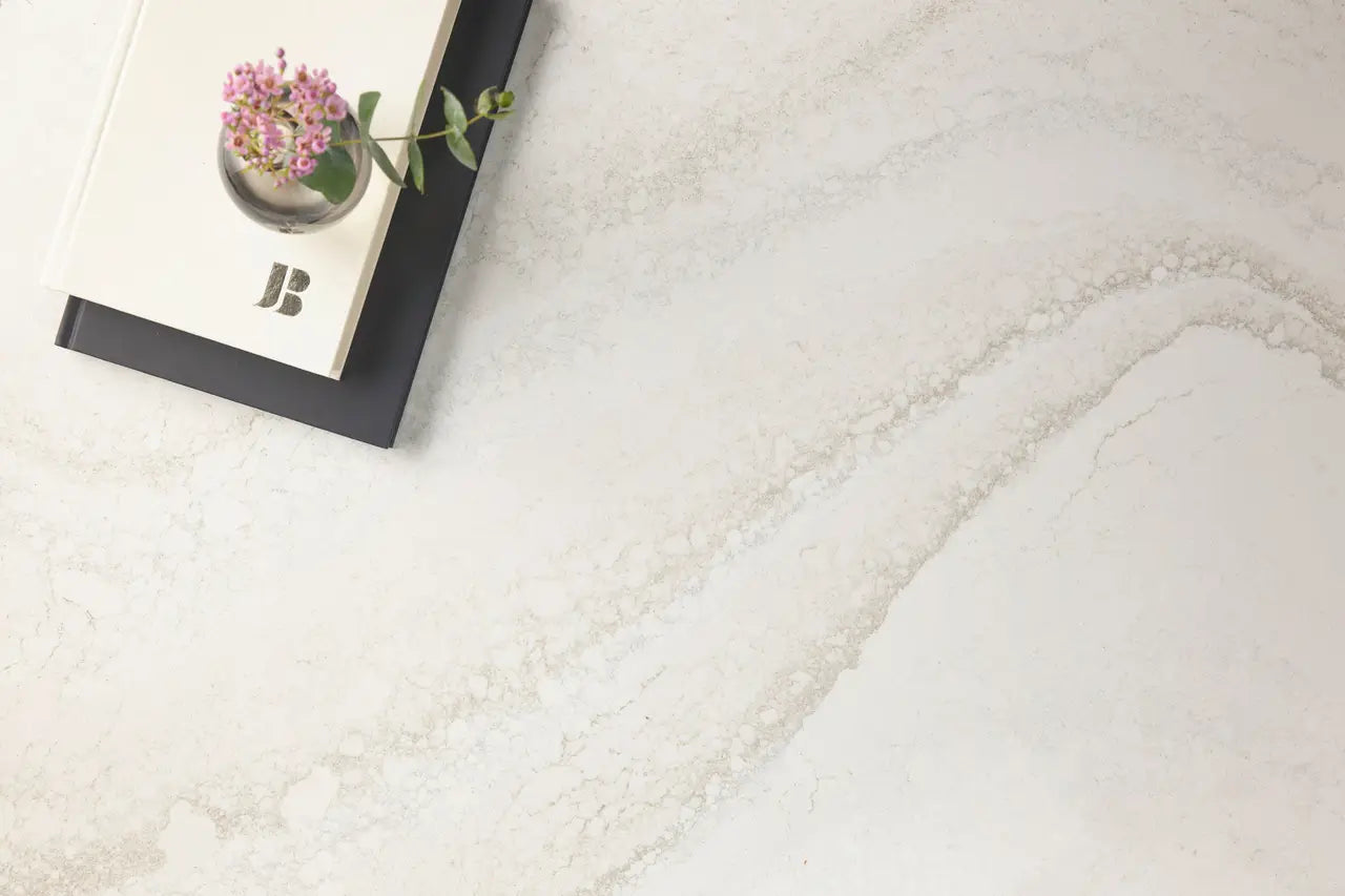 Everleigh quartz surface with subtle gray veining and polished finish — custom countertops fabricated and installed by Signature Stone LV