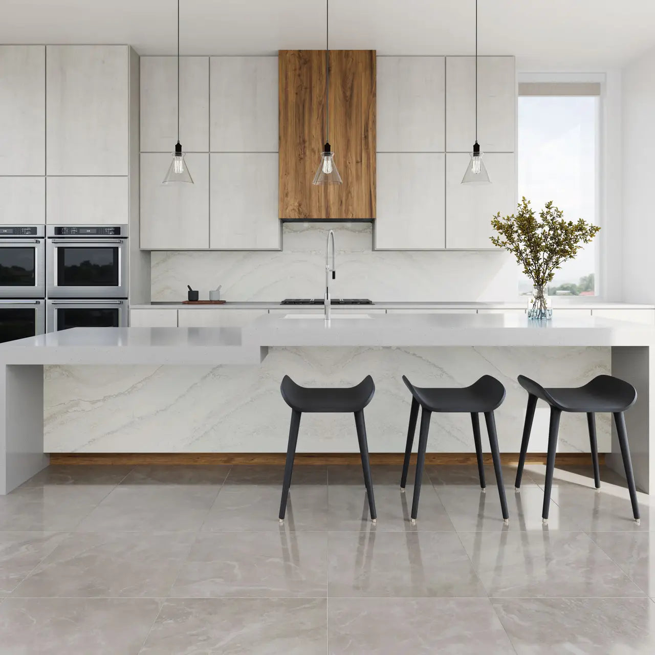 Quartz kitchen island and backsplash with white marble veining and polished finish — elegant stone countertops installed by Signature Stone Las Vegas