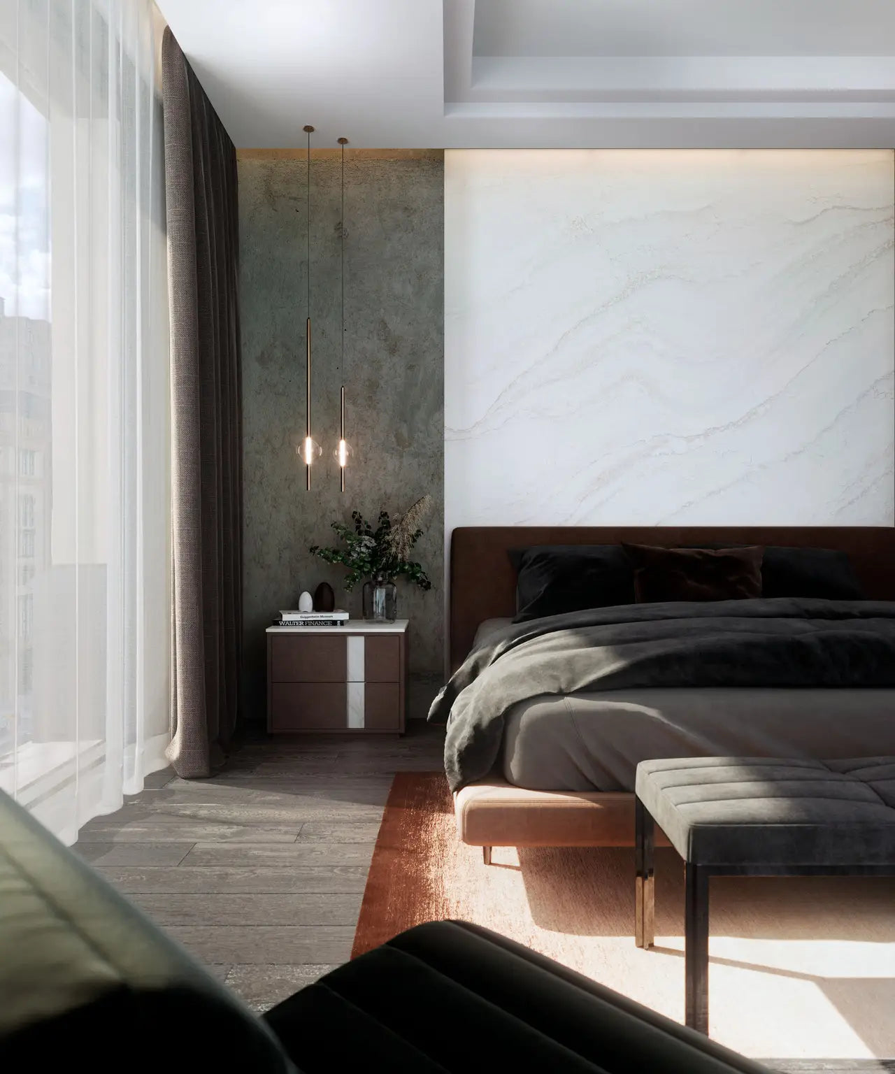 Marble accent wall with white veining and warm lighting in modern bedroom — expert countertop fabrication by Signature Stone Las Vegas