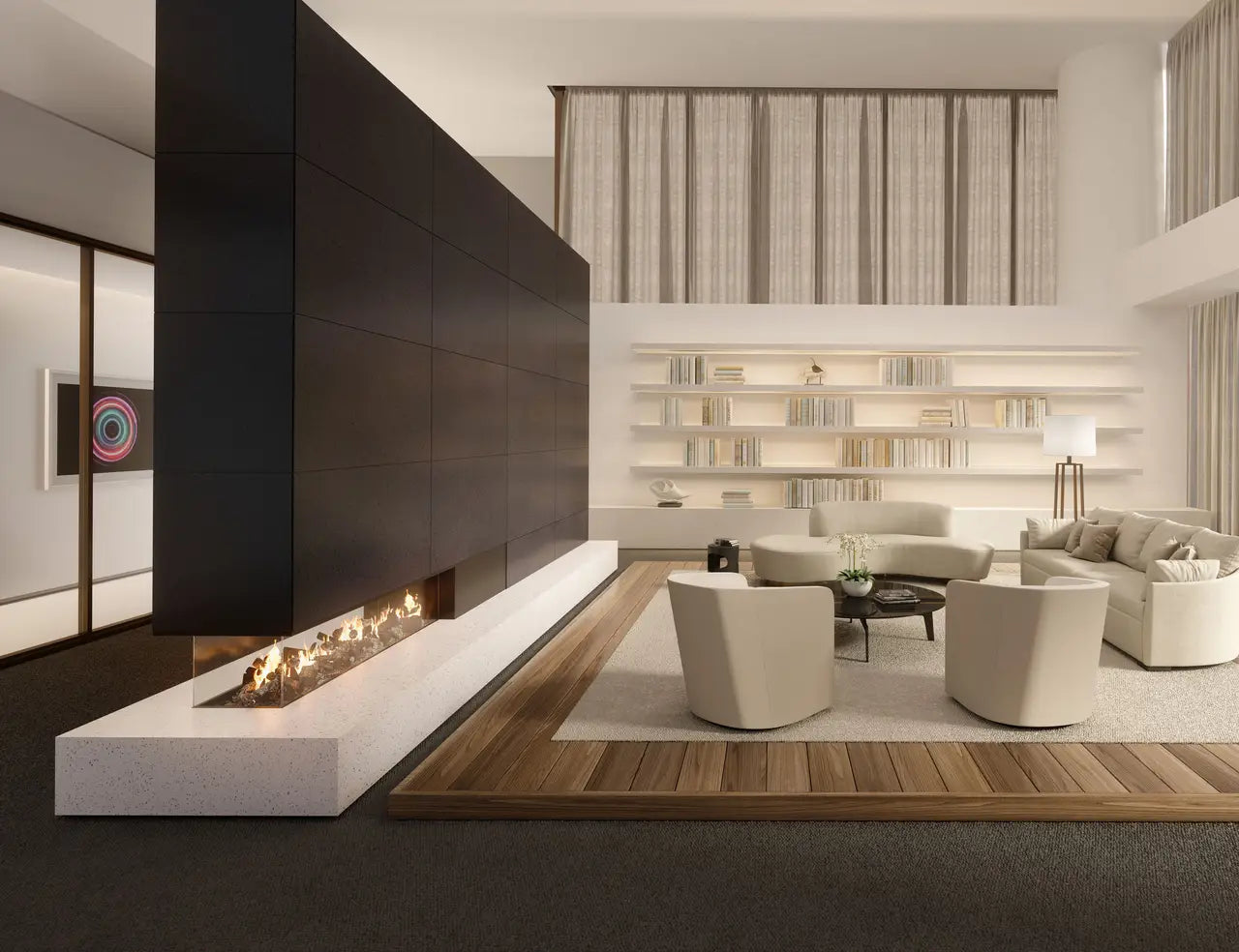 Quartz fireplace surround with sleek white finish and modern linear design — premium stone countertops installed by Signature Stone Las Vegas