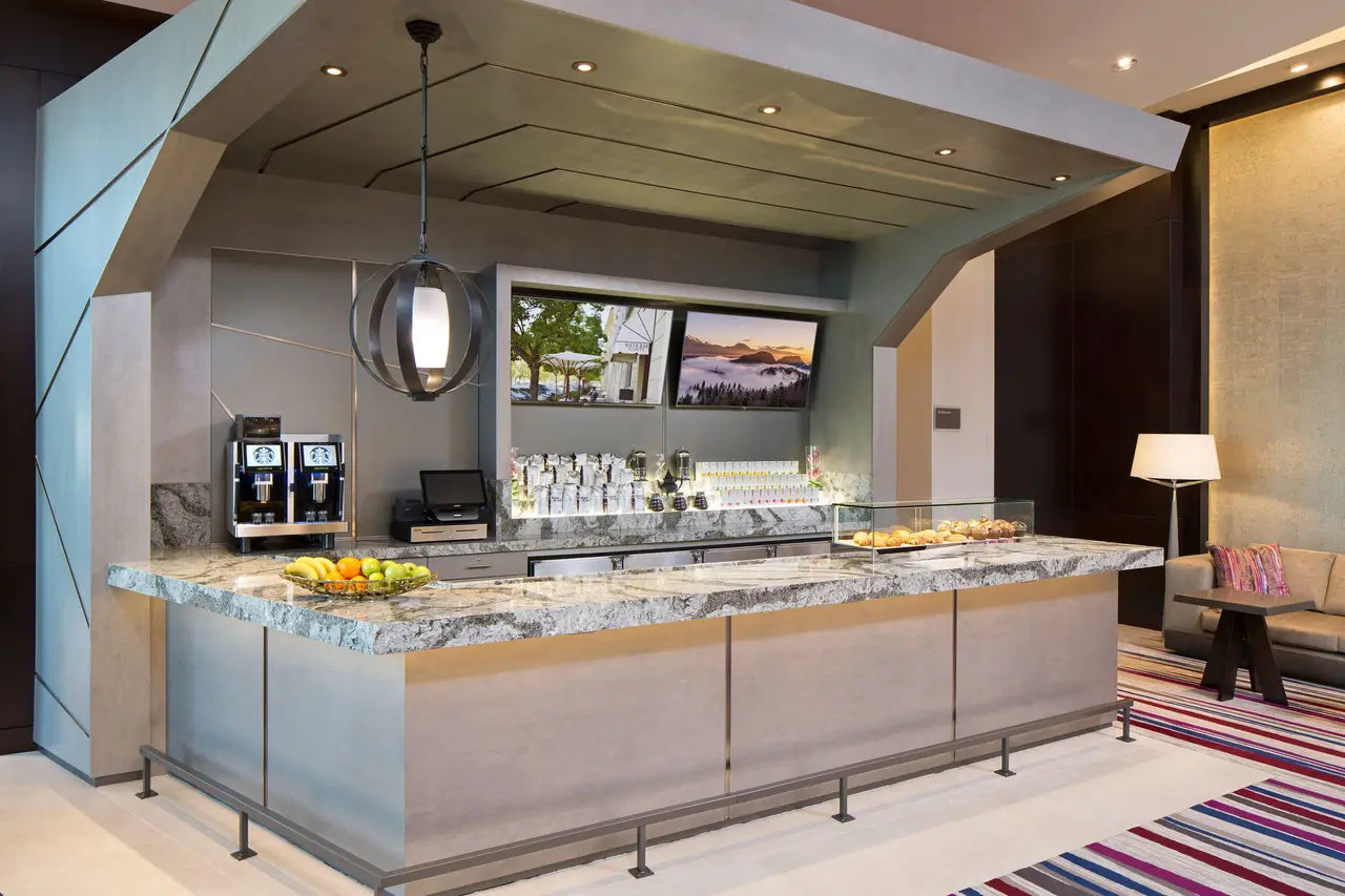 Galloway granite hospitality bar countertops with dramatic gray veining and polished finish — premium stone countertops installed by Signature Stone Las Vegas