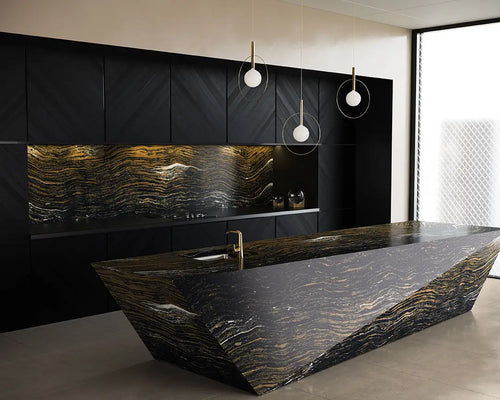 Luxurious kitchen with striking black and gold quartzite island and backsplash