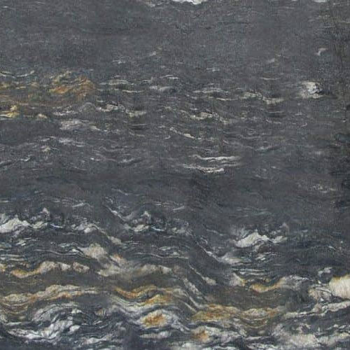 Cosmos granite countertop slab with dark gray, gold, and white swirling patterns
