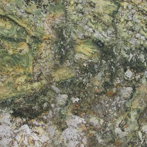 Kamarika granite countertop slab with green, yellow, and gray natural stone patterns