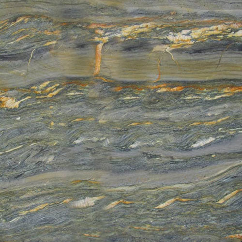 Santorini granite slab with swirling gray, gold, and cream veining for countertops
