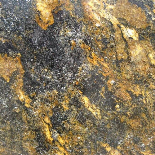 Saturnia Gold granite slab with dramatic gold and black veining for countertops