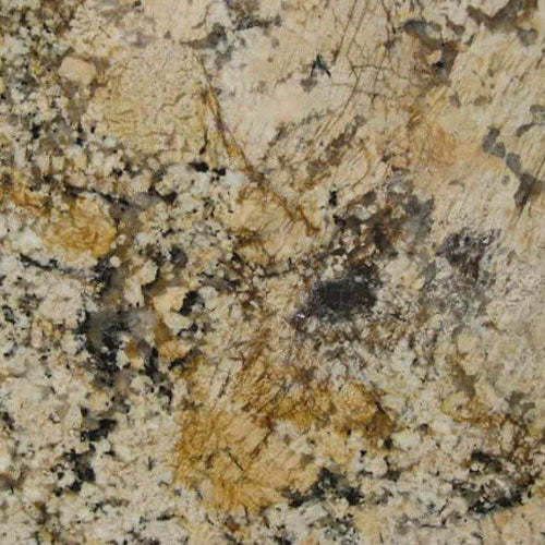Solarius granite countertop slab with golden, cream, and black natural stone pattern