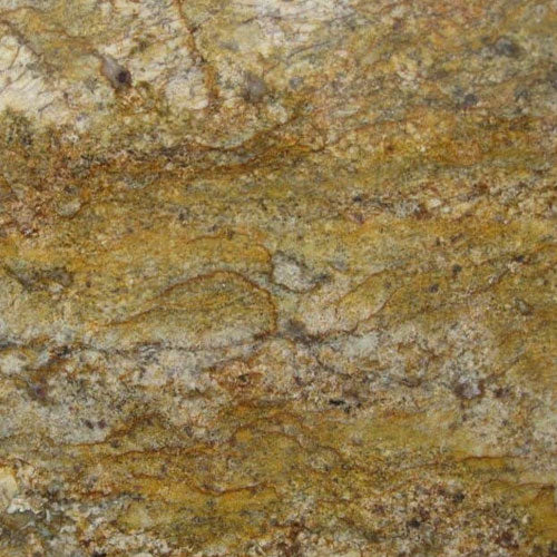 Granite countertop slab with gold, yellow, and brown natural veining patterns