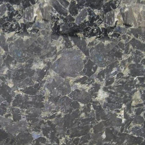 Volga Blue granite slab with dark gray, blue, and silver crystalline patterns