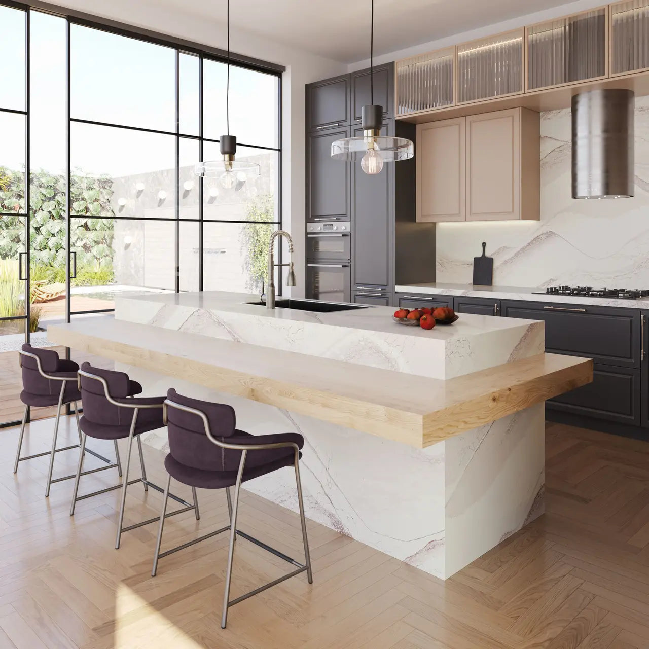 Calacatta marble kitchen island with waterfall edge and white veining — premium stone countertops installed by Signature Stone Las Vegas