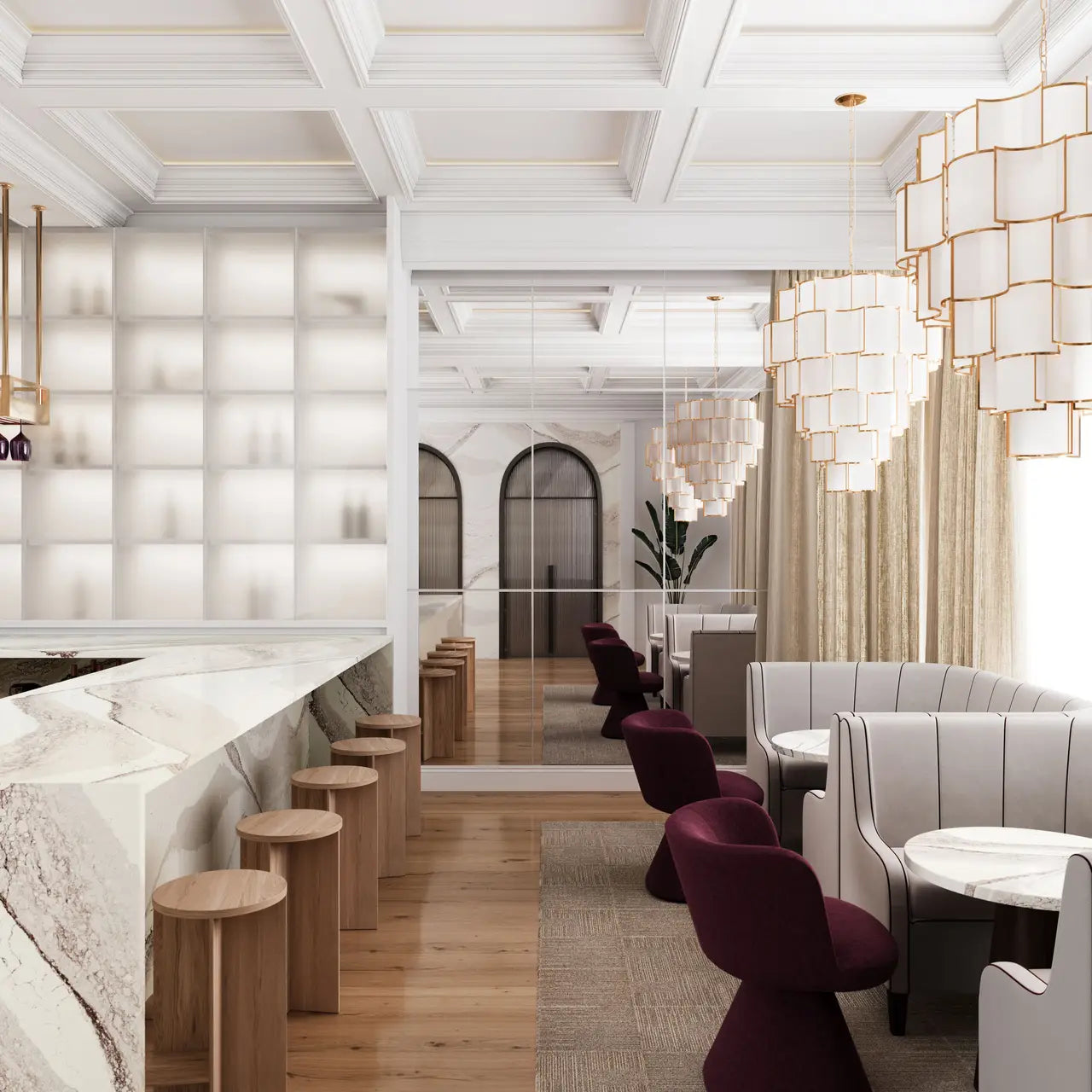 Marble bar counter with white veining and polished finish in modern restaurant setting — custom countertops fabricated and installed by Signature Stone LV