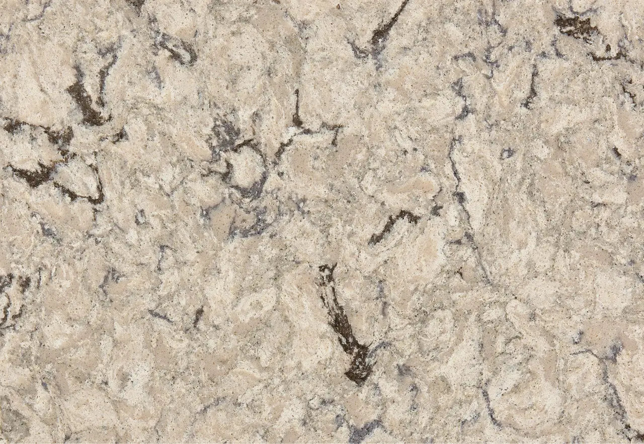 Halewood quartz slab surface with beige base and gray veining patterns — ideal for custom countertops fabricated and installed by Signature Stone LV