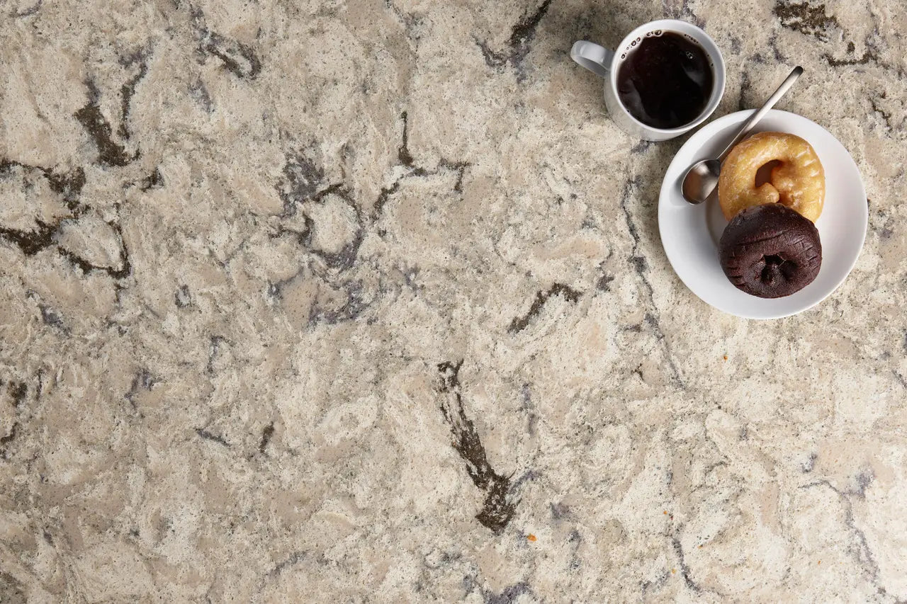 Halewood quartz surface with cream base and dark gray veining patterns — premium stone countertops installed by Signature Stone Las Vegas